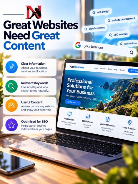Great Websites Need Great Content
A well-designed website is only the beginning. The right content helps search engines understand what your business offers and connects your website with the people searching for those services.
For stronger SEO, your content should clearly describe your business, services and location, while naturally including relevant industry keywords, competitive search terms and the questions your potential customers are actually searching for.
Good content should be written for people first, while giving search engines the information they need to understand and index your website.
Great design gets attention. Great content helps you get found.

#seo #webcontent #webdesign #searchengineoptimization #navegabem