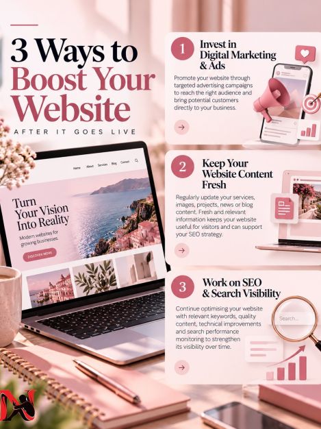 3 Ways to Boost Your Website After It Goes Live

Creating a great website is only the beginning. To generate visibility, traffic and new opportunities, you need to keep working on your digital presence.

1. Invest in Digital Marketing & Ads
Promote your website through targeted advertising campaigns to reach the right audience and bring potential customers directly to your business.

2. Keep Your Website Content Fresh
Regularly update your services, images, projects, news or blog content. Fresh and relevant information keeps your website useful for visitors and can support your SEO strategy.

3. Work on SEO & Search Visibility
Continue optimising your website with relevant keywords, quality content, technical improvements and search performance monitoring to strengthen its visibility over time.

Your website is live. Now make it work for your business.

#navegabem #digitalmarketing #seo #webdesign #onlinegrowth